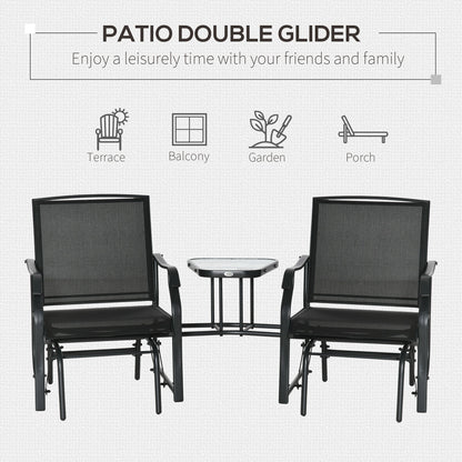 Outsunny Garden Double Glider Rocking Chairs Metal Gliding Love Seat with Middle Table Conversation Set Patio Backyard Relax Outdoor Furniture Black