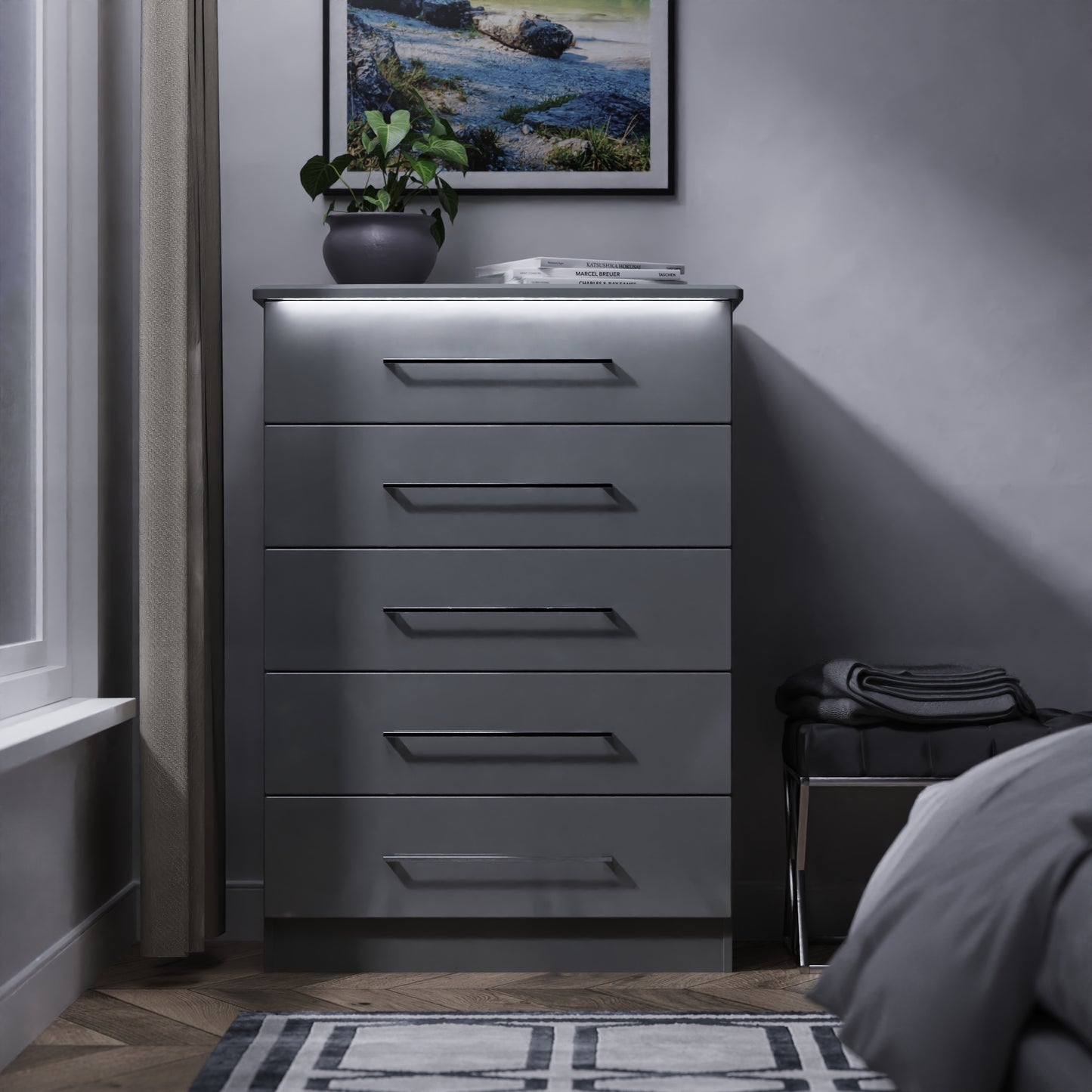 Paris Tall Chest of Drawers Grey 5 Drawers 77cm
