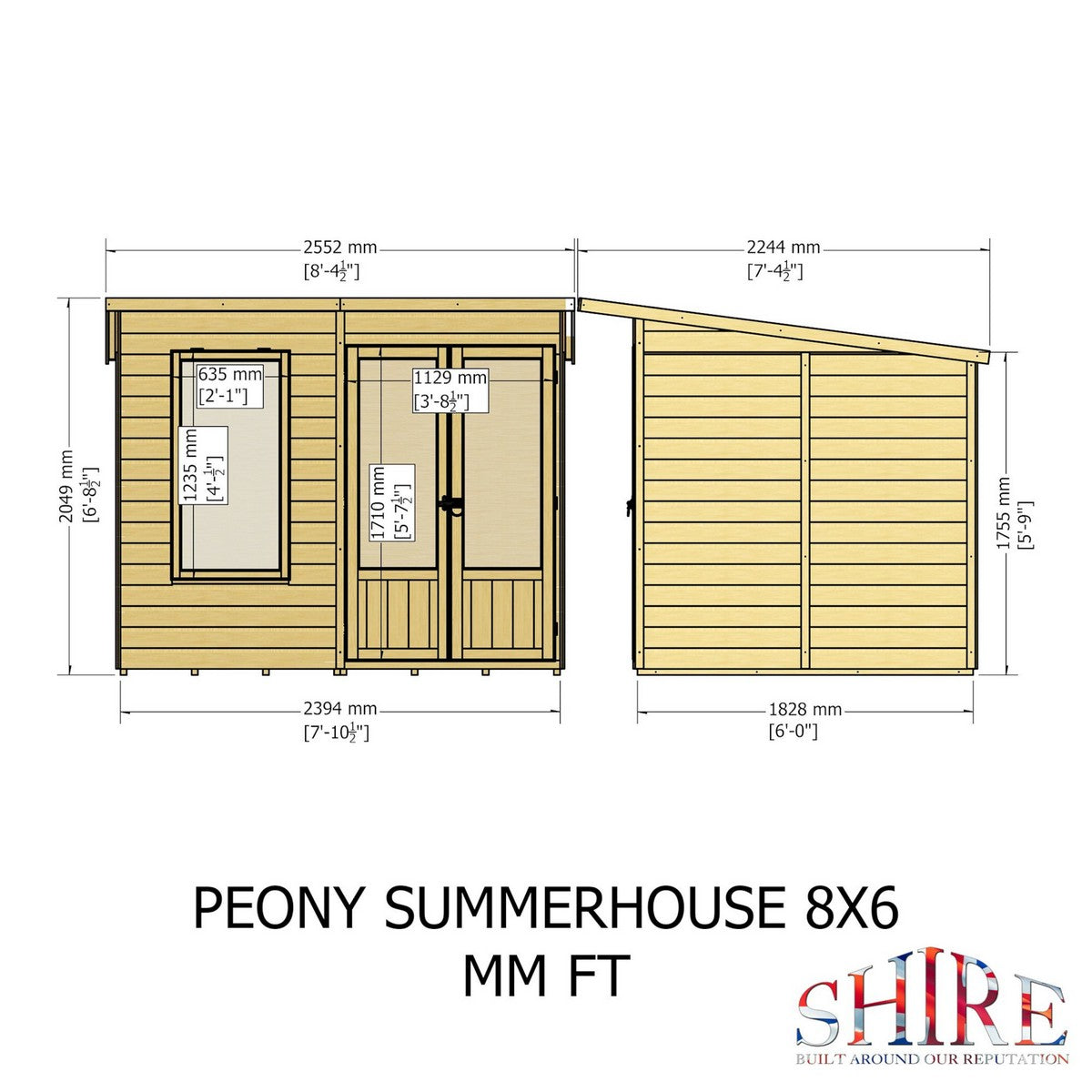 Shire Peony 7' 4" x 8' 4" Pent Summerhouse - Premium Dip Treated Shiplap