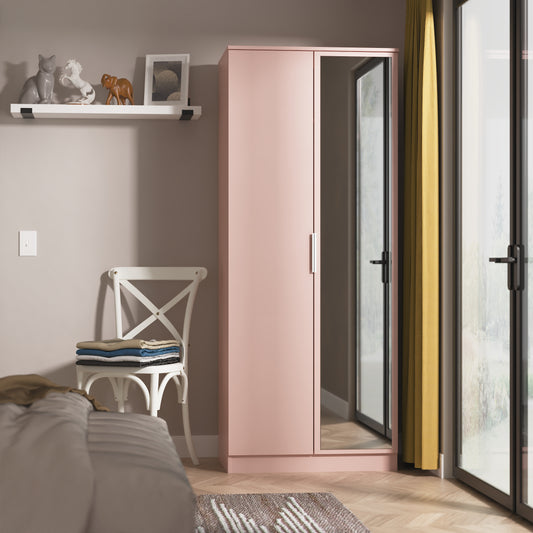 Plymouth Tall Mirror Wardrobe Pink 2 Doors 1 Shelf 74cm