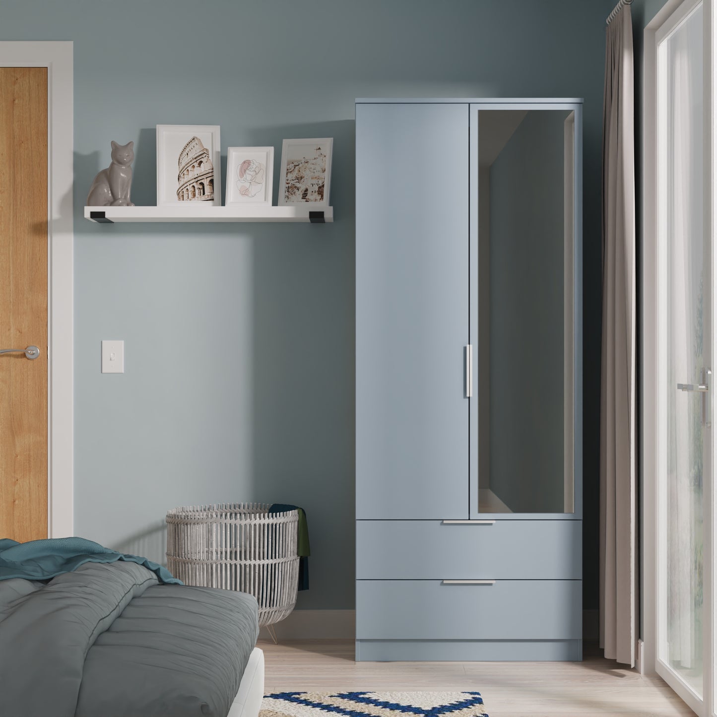 Plymouth Tall Mirror Wardrobe Light Blue 2 Doors 1 Shelf 2 Drawers 74cm