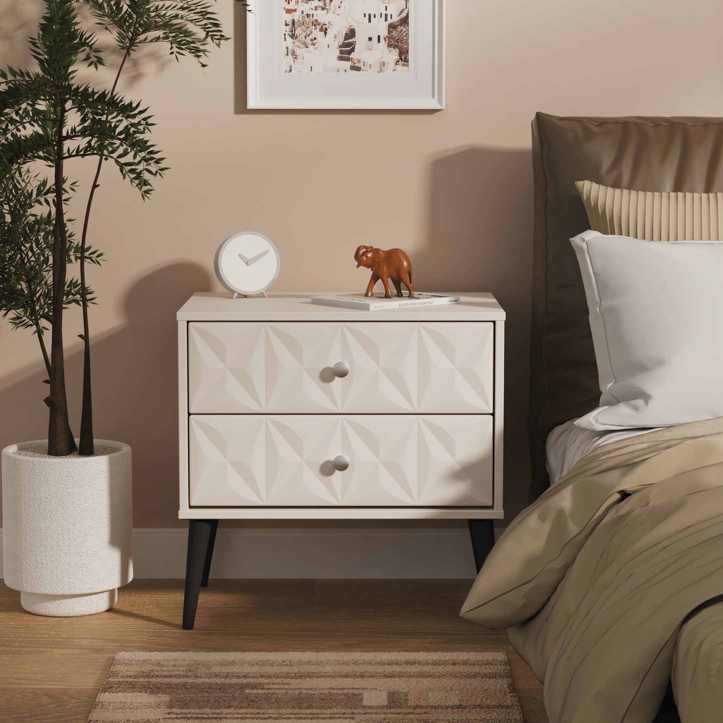 Pixel Side Table Off-white 2 Drawers 58cm