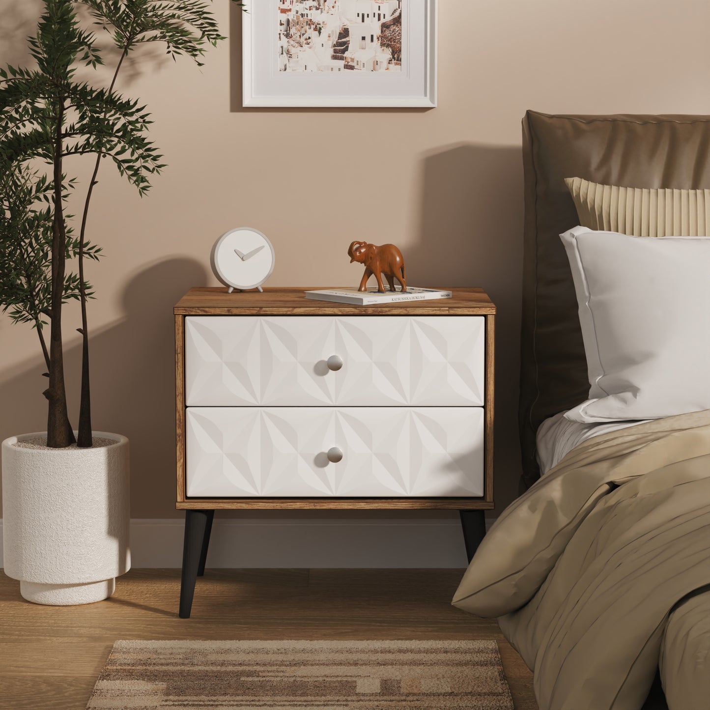 Pixel Side Table White & Vintage Oak 2 Drawers 58cm