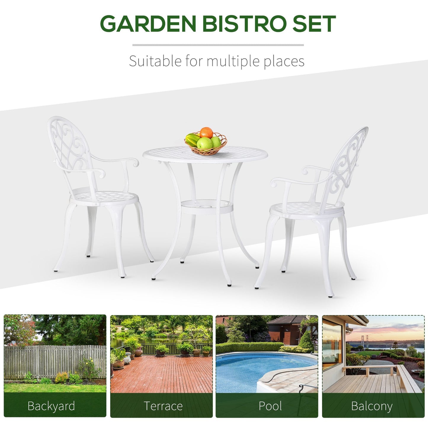 3-Piece Garden Bistro Set Cast Aluminium Round Table with 2 Chairs for Outdoor Patio Balcony White