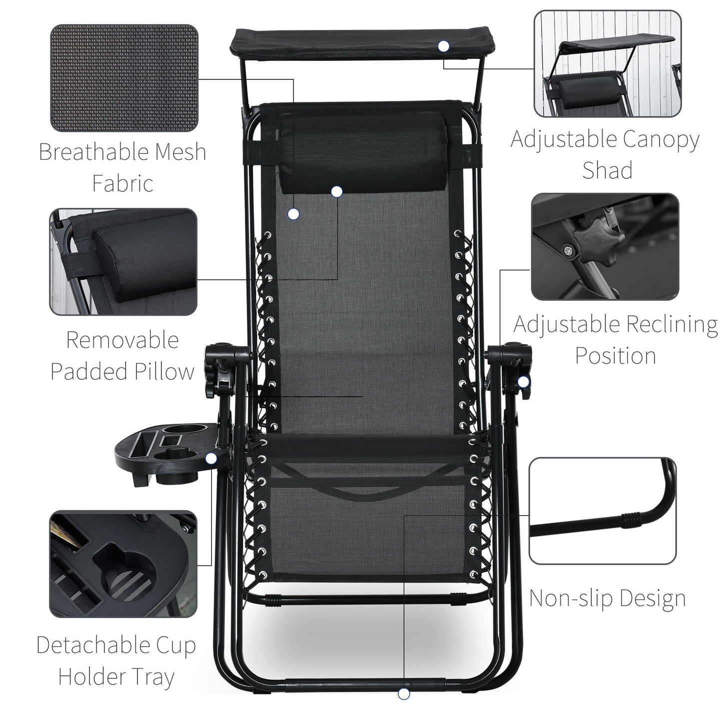 Outsunny Zero Gravity Garden Deck Folding Chair Texteline Patio Sun Lounger Reclining Seat with Cup Holder & Canopy Shade - Black