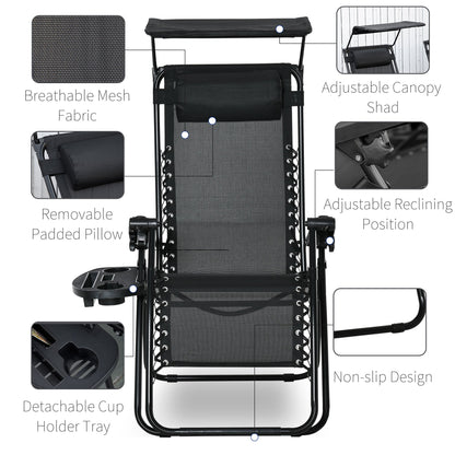 Outsunny Zero Gravity Garden Deck Folding Chair Texteline Patio Sun Lounger Reclining Seat with Cup Holder & Canopy Shade - Black