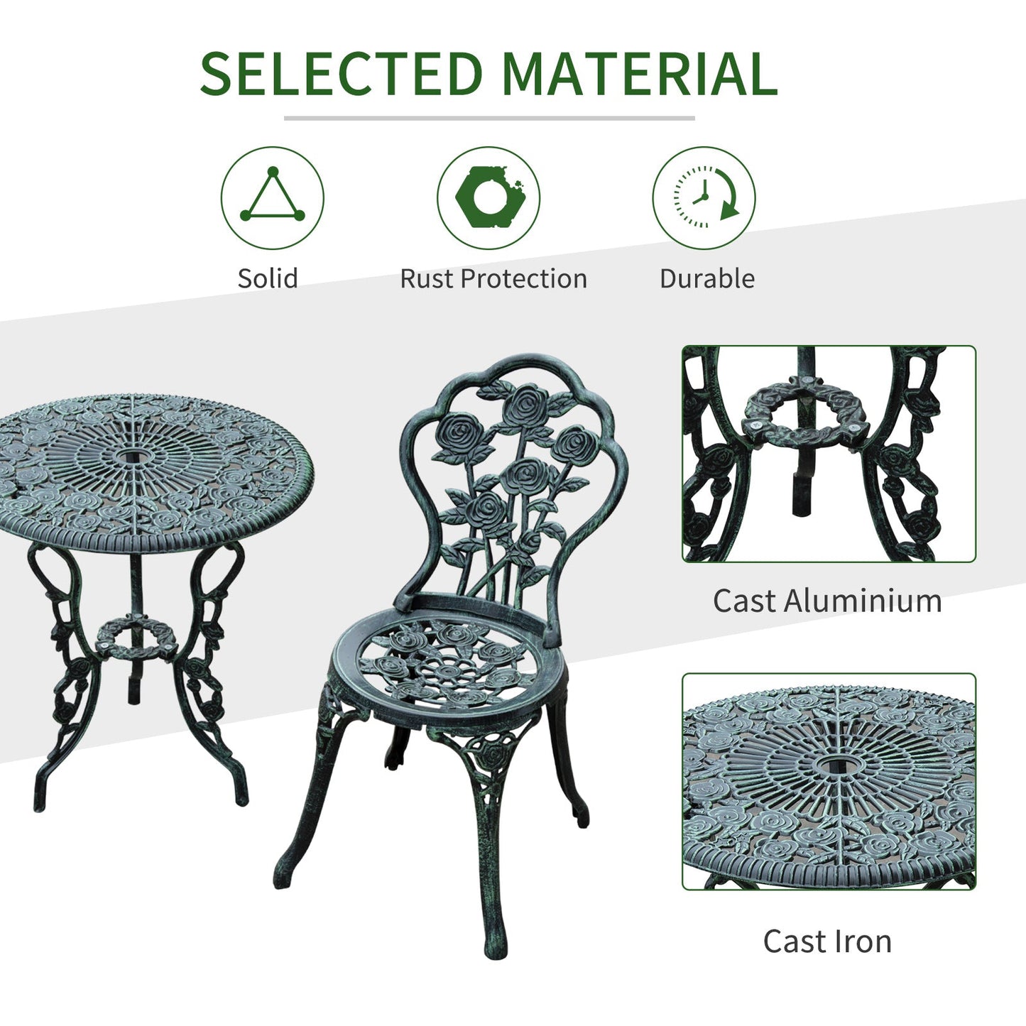 Cast Aluminium Outdoor Patio Garden Bistro Elegant Design Table Chair Set - Green 3-Piece
