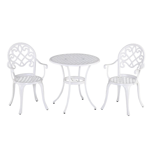 3-Piece Garden Bistro Set Cast Aluminium Round Table with 2 Chairs for Outdoor Patio Balcony White