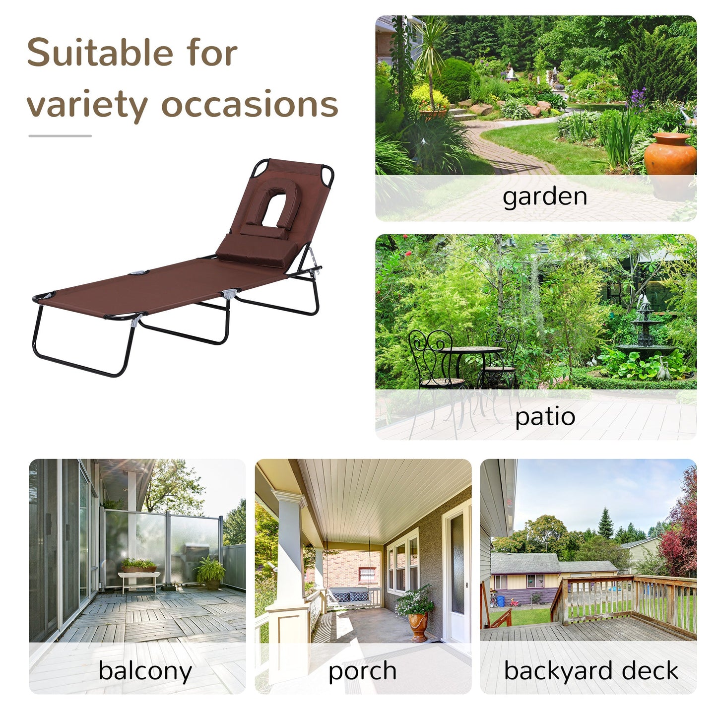 Foldable Sun Lounger Reclining Chair with Pillow and Reading Hole Garden Beach Outdoor Recliner Adjustable