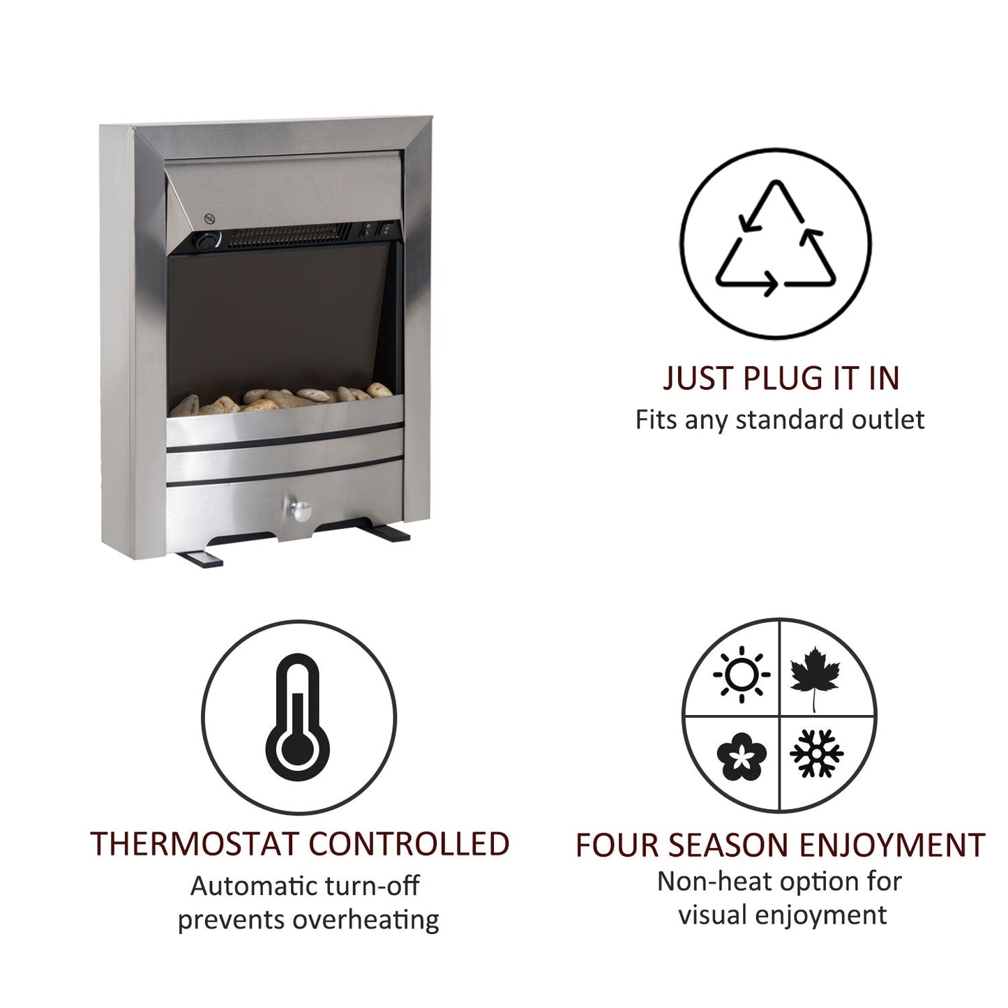 2KW Stainless Steel Electric Fireplace Pebble Burning Effect Heater Fire Flame Indoor Stove LED Lighting