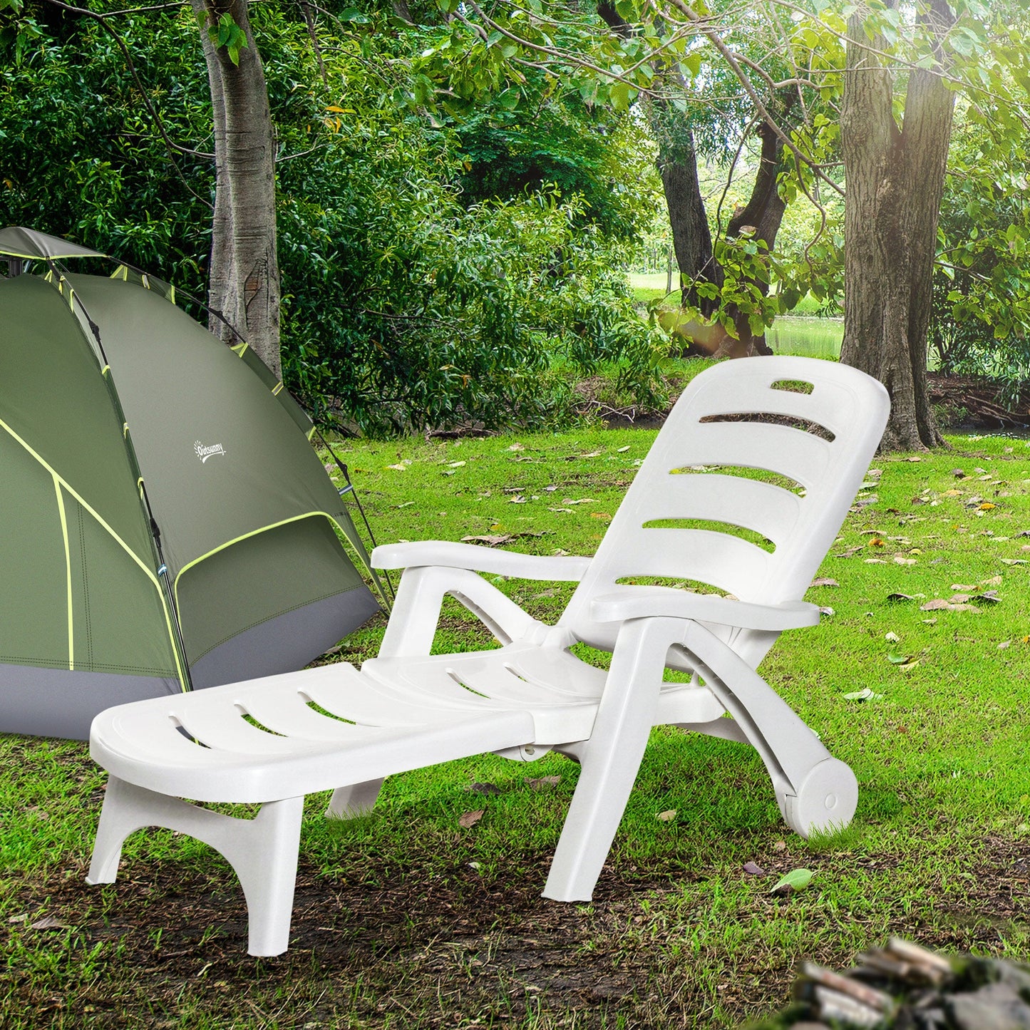 Outdoor Folding Sun Lounger Recliner on Wheels w/ 5-Position Backrest