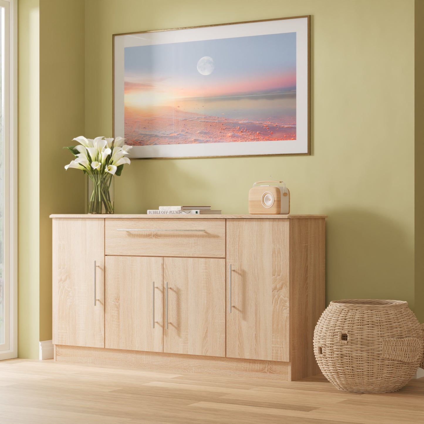 Sherwood Large Sideboard Light Oak 4 Doors 2 Shelves 1 Drawer 146cm