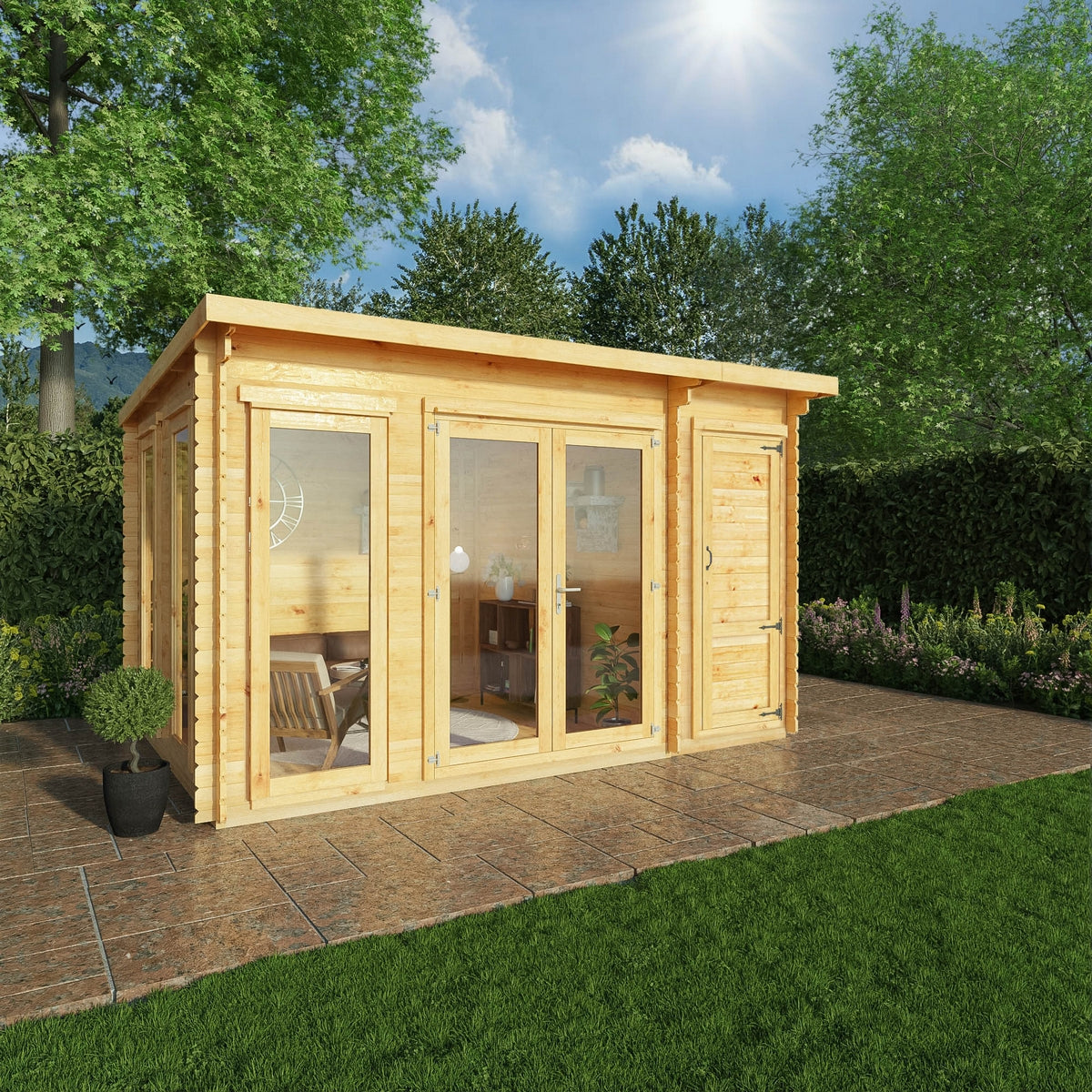 Mercia Studio 10' 11" x 13' 6" Pent Cabin with Shed - Premium 28mm Cladding Loglap