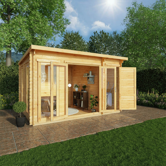 Mercia Studio 10' 11" x 13' 6" Pent Cabin with Shed - Premium 28mm Cladding Loglap