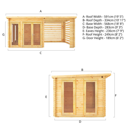 Mercia Studio 10' 11" x 19' 4" Pent Log Cabin Slatted - Premium 28mm Cladding Loglap