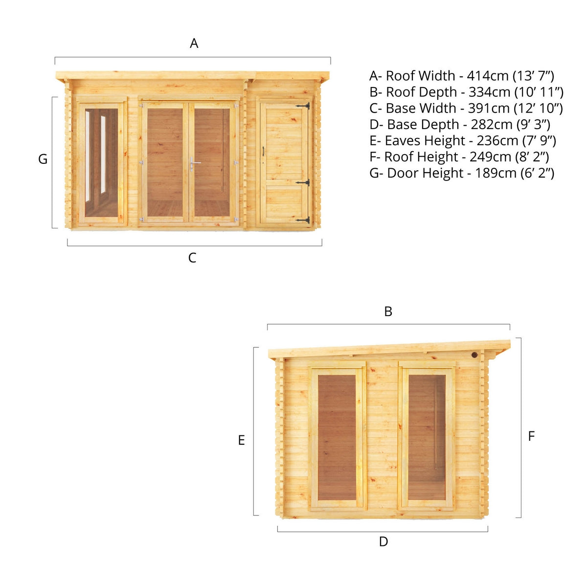 Mercia Studio 10' 11" x 13' 6" Pent Cabin with Shed - Premium 34mm Cladding Loglap