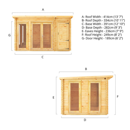 Mercia Studio 10' 11" x 13' 6" Pent Cabin with Shed - Premium 34mm Cladding Loglap