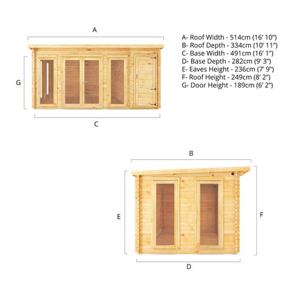 Mercia Studio 10' 11" x 16' 10" Pent Cabin with Shed - Premium 34mm Cladding Loglap
