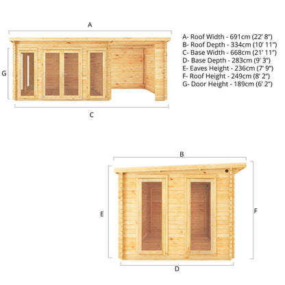 Mercia Studio 10' 11" x 22' 8" Pent Log Cabin - Premium 34mm Cladding Loglap