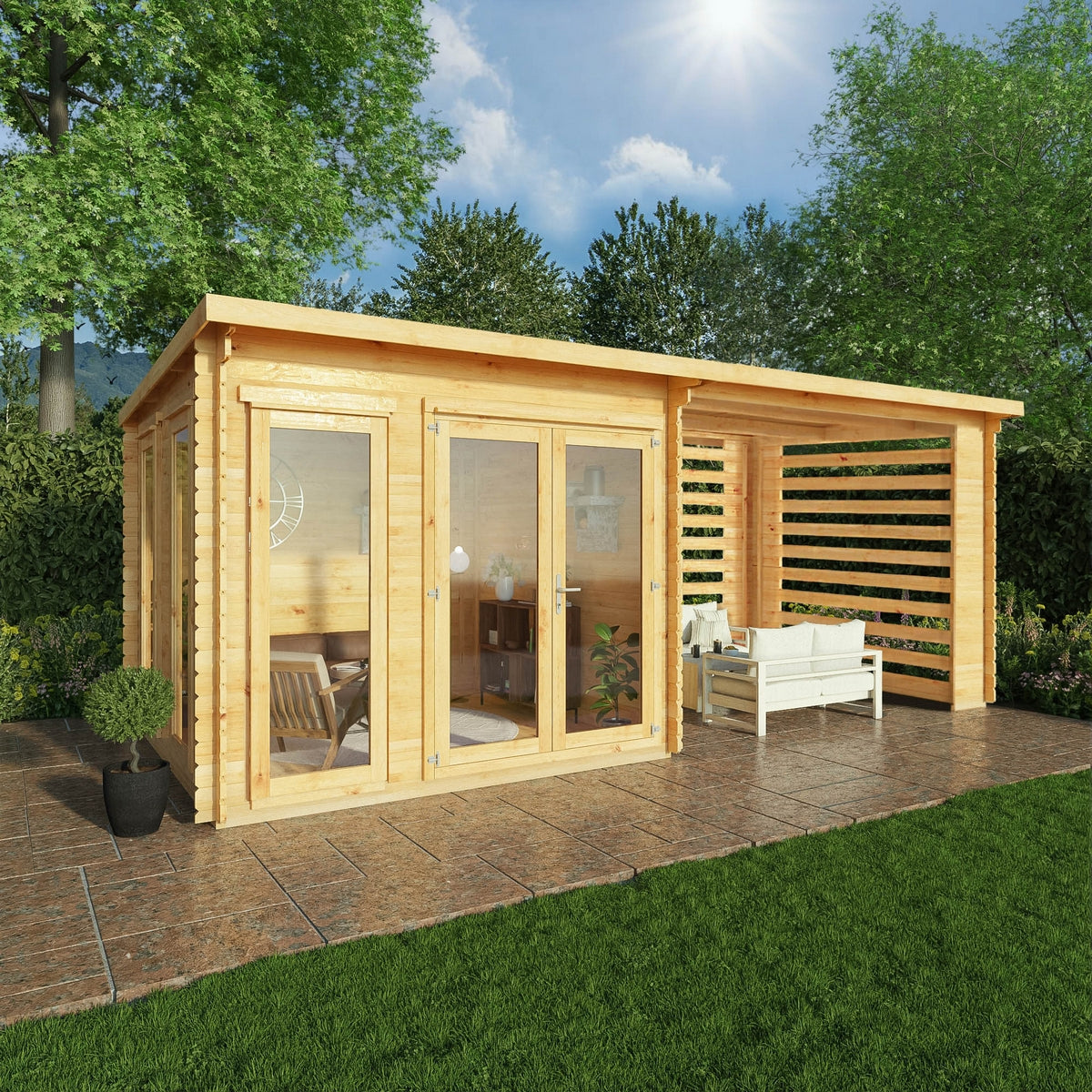 Mercia Studio 10' 11" x 19' 4" Pent Log Cabin Slatted - Premium 34mm Cladding Loglap
