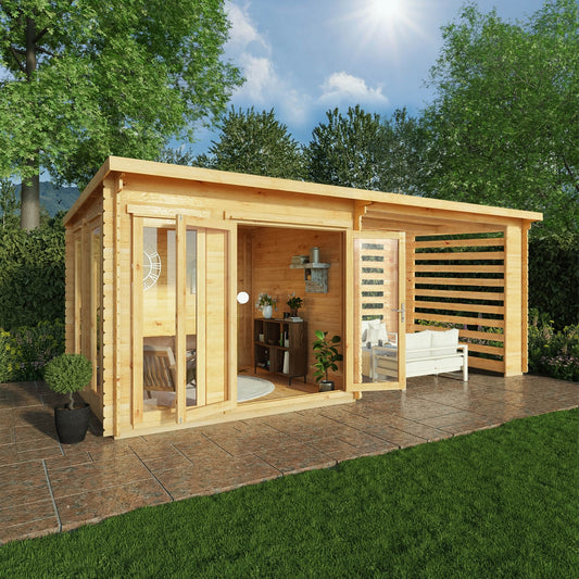 Mercia Studio 10' 11" x 19' 4" Pent Log Cabin Slatted - Premium 34mm Cladding Loglap