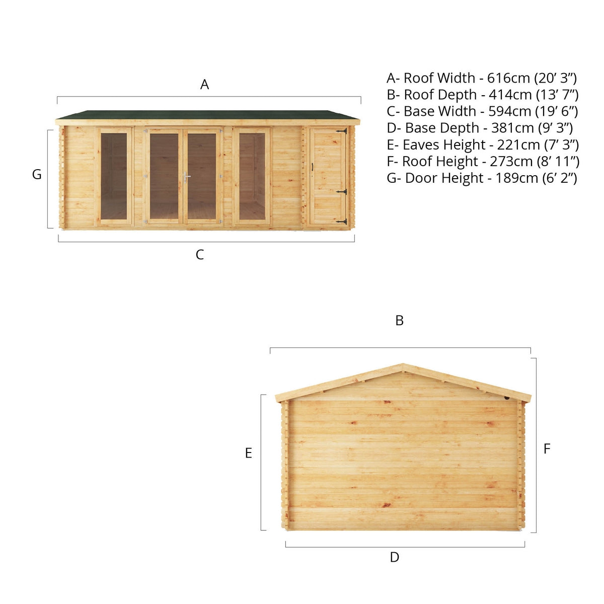 Mercia Studio 13' 7" x 20' 2" Apex Log Cabin - Premium 34mm Cladding Loglap