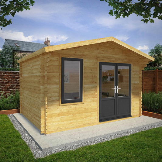 Mercia Retreat 11' 3" x 13' 6" Apex Log Cabin - Premium 44mm Cladding Loglap - Grey UPVC