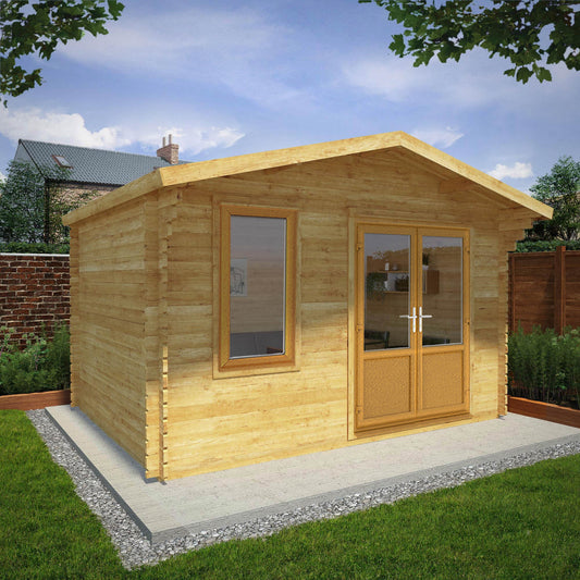 Mercia Retreat 11' 3" x 13' 6" Apex Log Cabin - Premium 44mm Cladding Loglap - Brown UPVC
