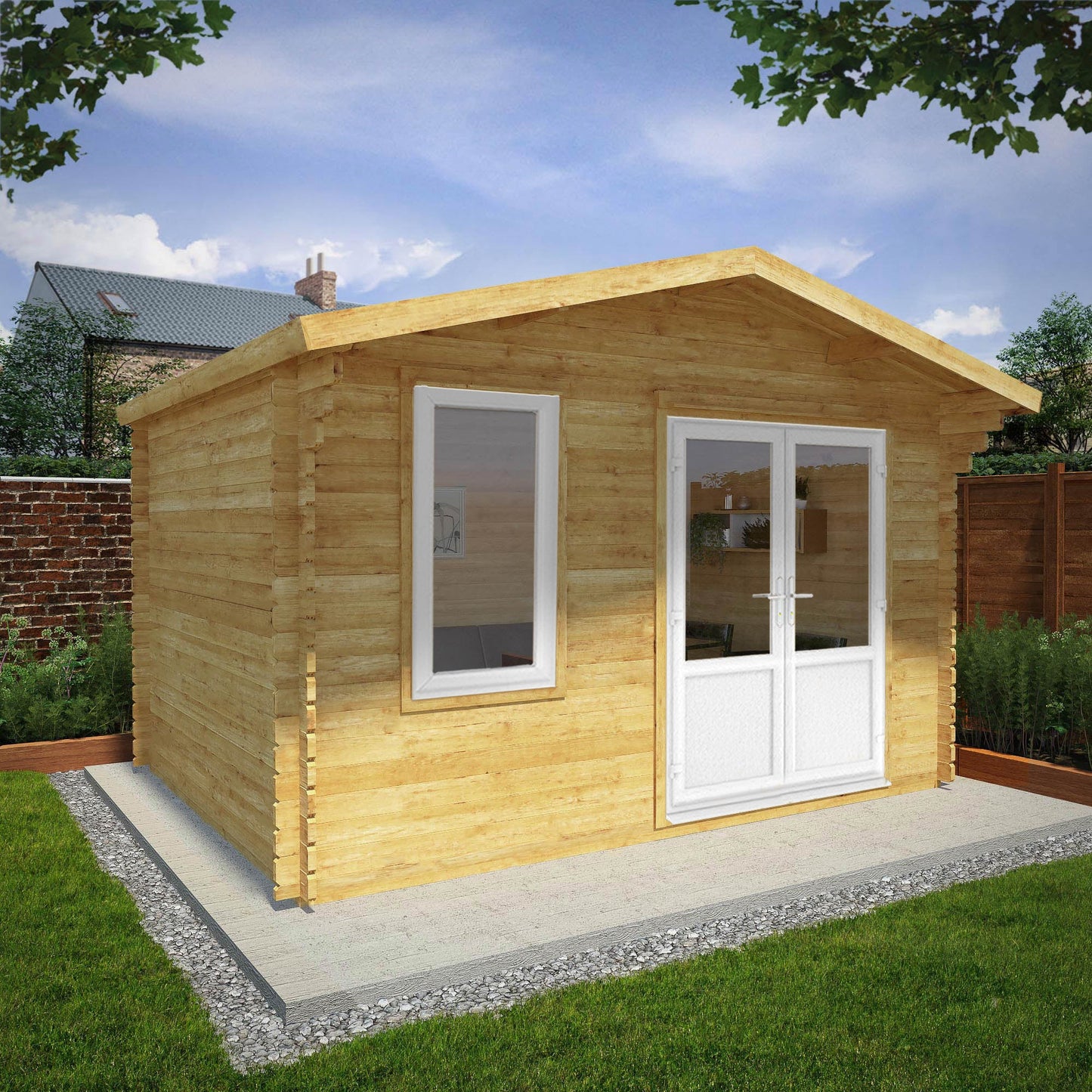 Mercia Retreat 11' 3" x 13' 6" Apex Log Cabin - Premium 44mm Cladding Loglap - White UPVC