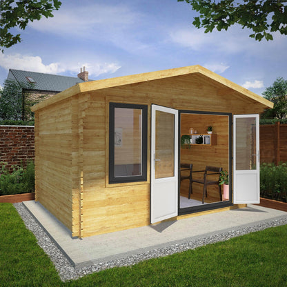 Mercia Retreat 11' 3" x 13' 6" Apex Log Cabin - Premium 44mm Cladding Loglap - Grey UPVC