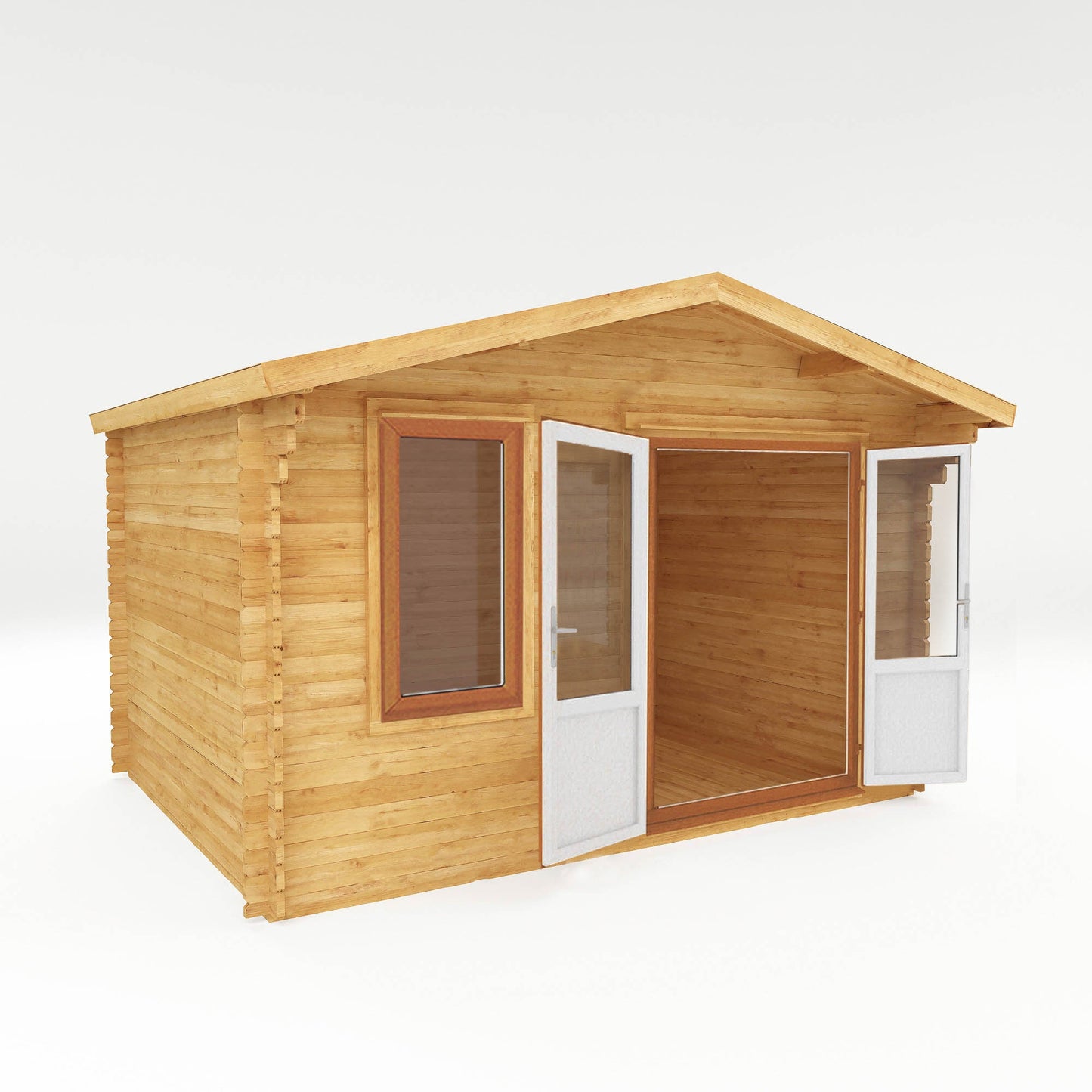Mercia Retreat 11' 3" x 13' 6" Apex Log Cabin - Premium 44mm Cladding Loglap - Brown UPVC