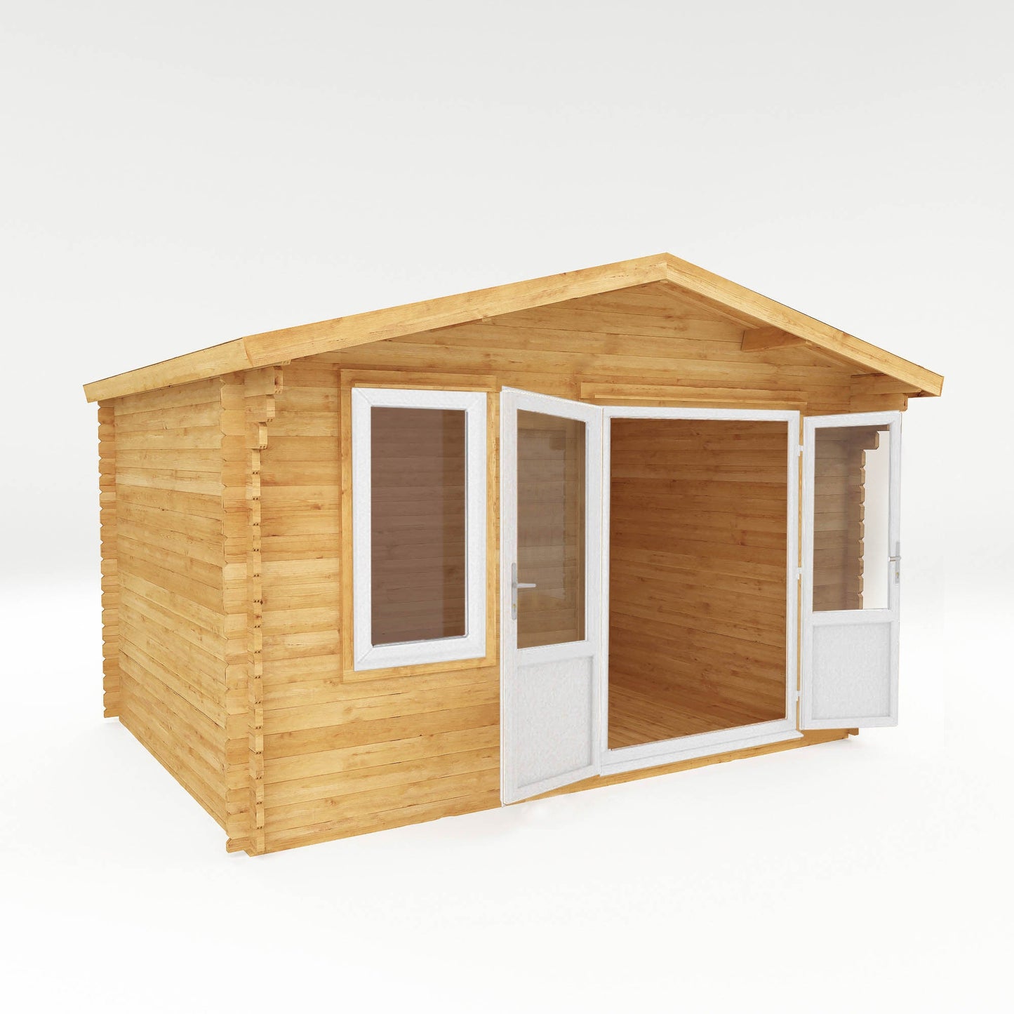 Mercia Retreat 11' 3" x 13' 6" Apex Log Cabin - Premium 44mm Cladding Loglap - White UPVC