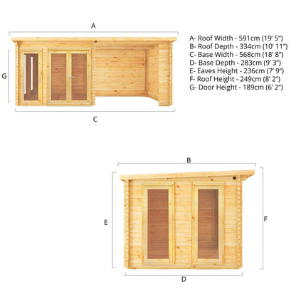 Mercia Studio 10' 11" x 19' 4" Pent Log Cabin - Premium 44mm Cladding Loglap
