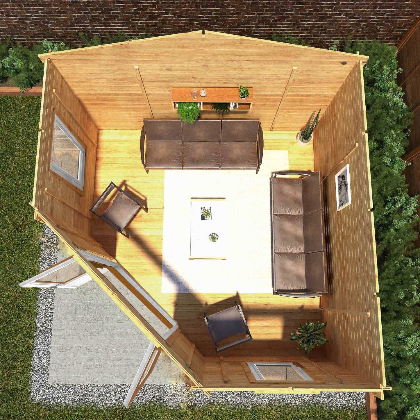 Mercia Corner 13' 7" x 13' 5" Hip Log Cabin - Premium 44mm Cladding Loglap - Brown UPVC