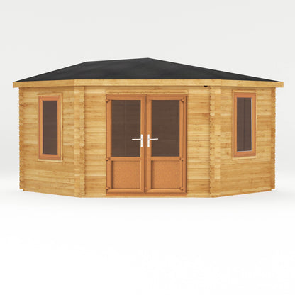 Mercia Corner 13' 7" x 13' 5" Hip Log Cabin - Premium 44mm Cladding Loglap - Brown UPVC