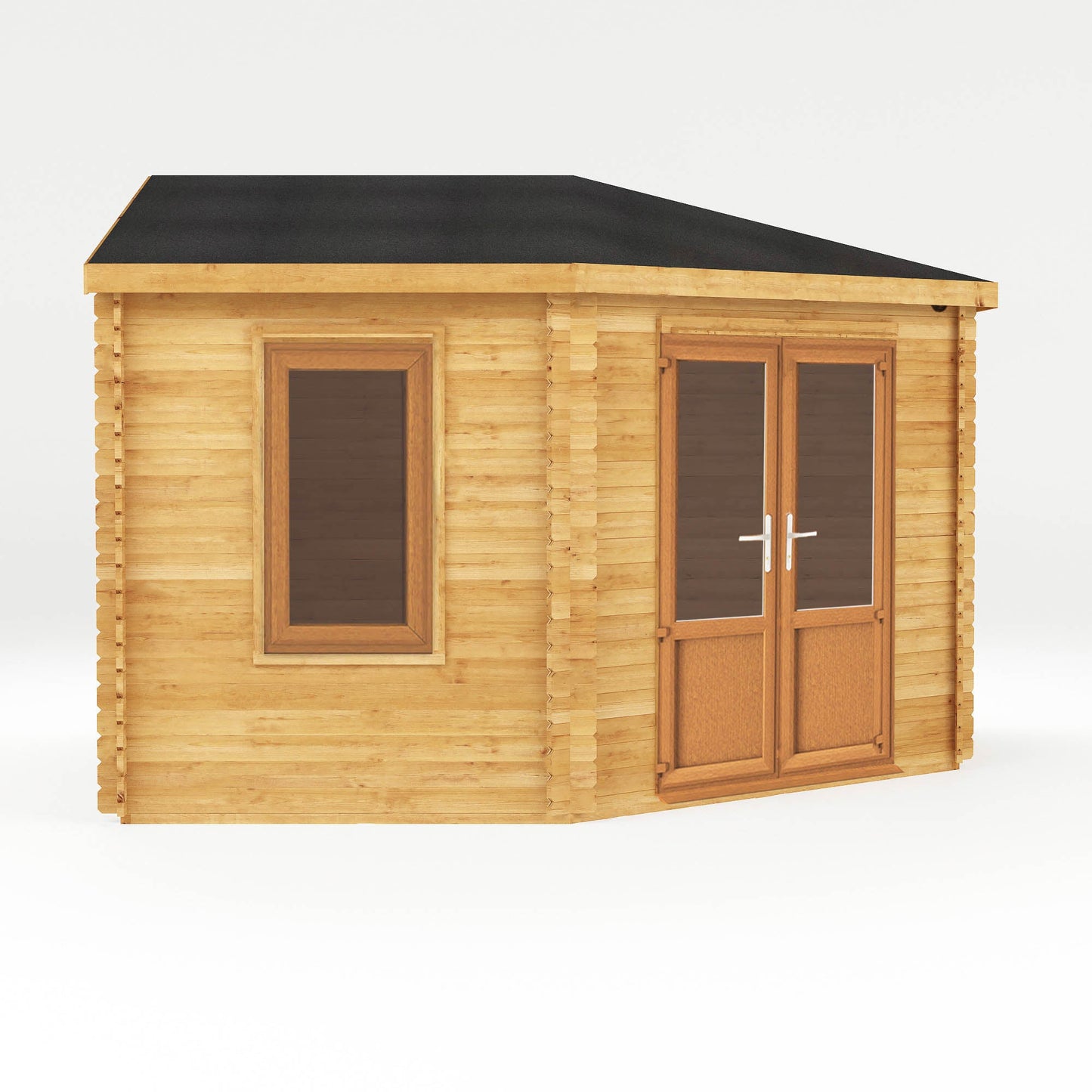Mercia Corner 13' 7" x 13' 5" Hip Log Cabin - Premium 44mm Cladding Loglap - Brown UPVC