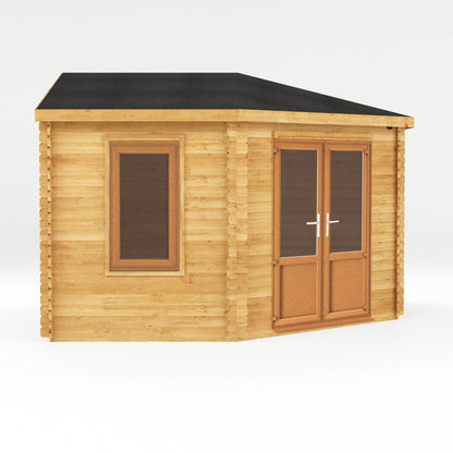 Mercia Corner 13' 7" x 13' 5" Hip Log Cabin - Premium 44mm Cladding Loglap - Brown UPVC