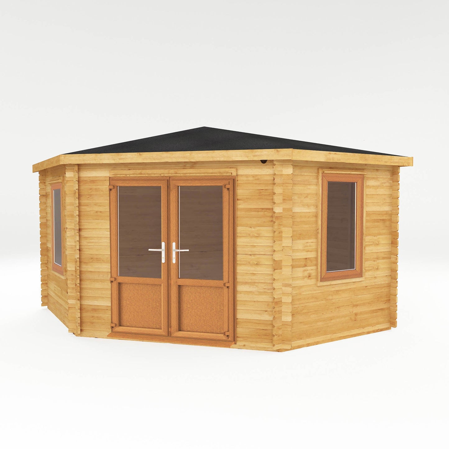 Mercia Corner 13' 7" x 13' 5" Hip Log Cabin - Premium 44mm Cladding Loglap - Brown UPVC
