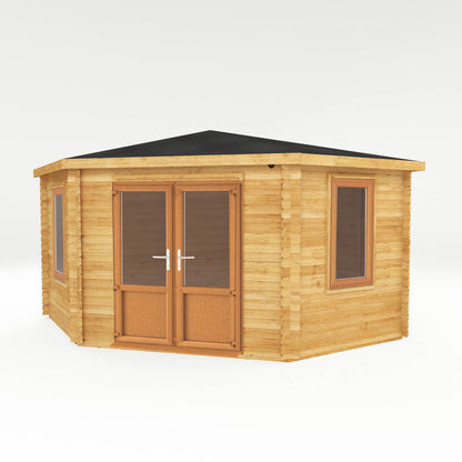 Mercia Corner 13' 7" x 13' 5" Hip Log Cabin - Premium 44mm Cladding Loglap - Brown UPVC