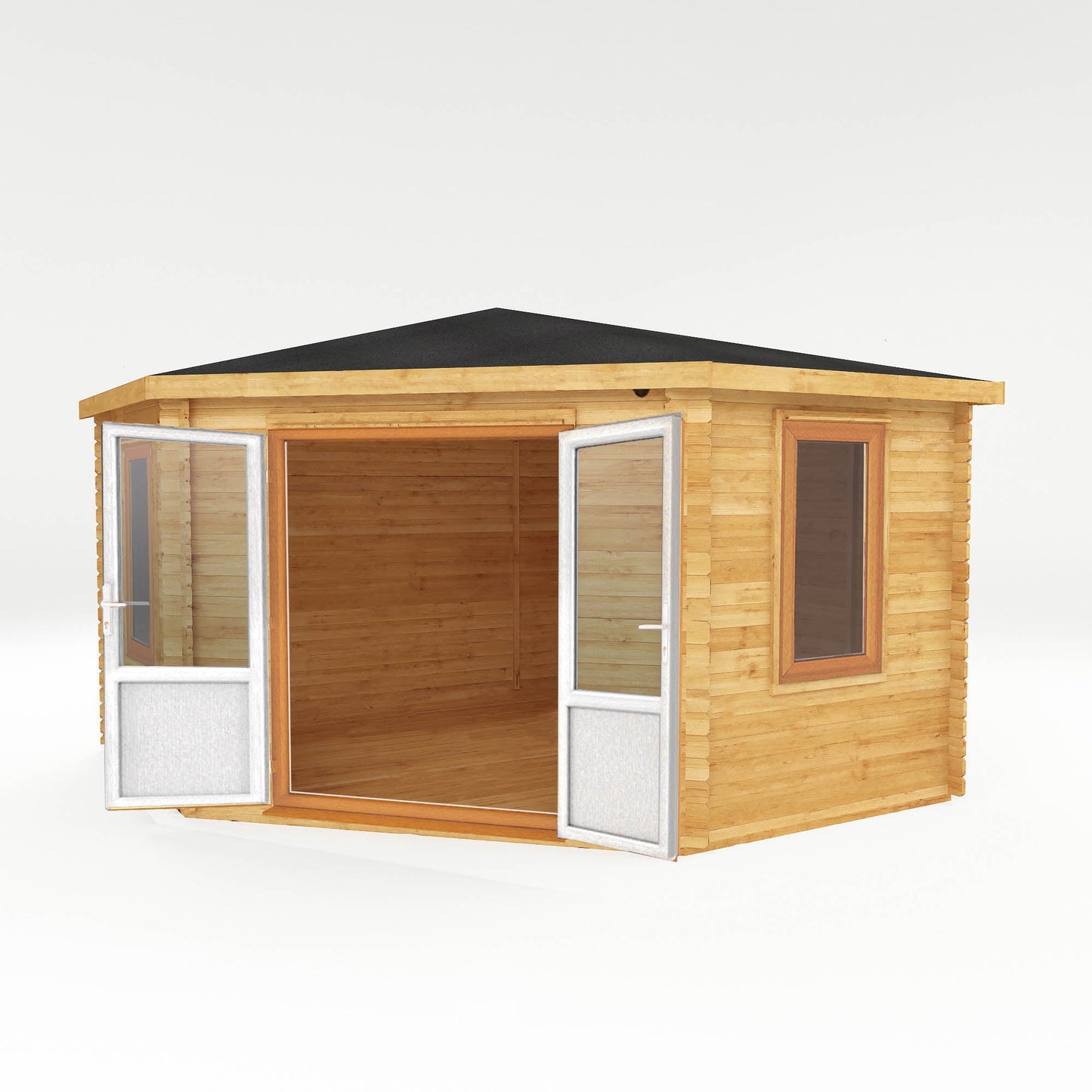 Mercia Corner 13' 7" x 13' 5" Hip Log Cabin - Premium 44mm Cladding Loglap - Brown UPVC