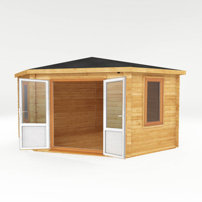 Mercia Corner 13' 7" x 13' 5" Hip Log Cabin - Premium 44mm Cladding Loglap - Brown UPVC