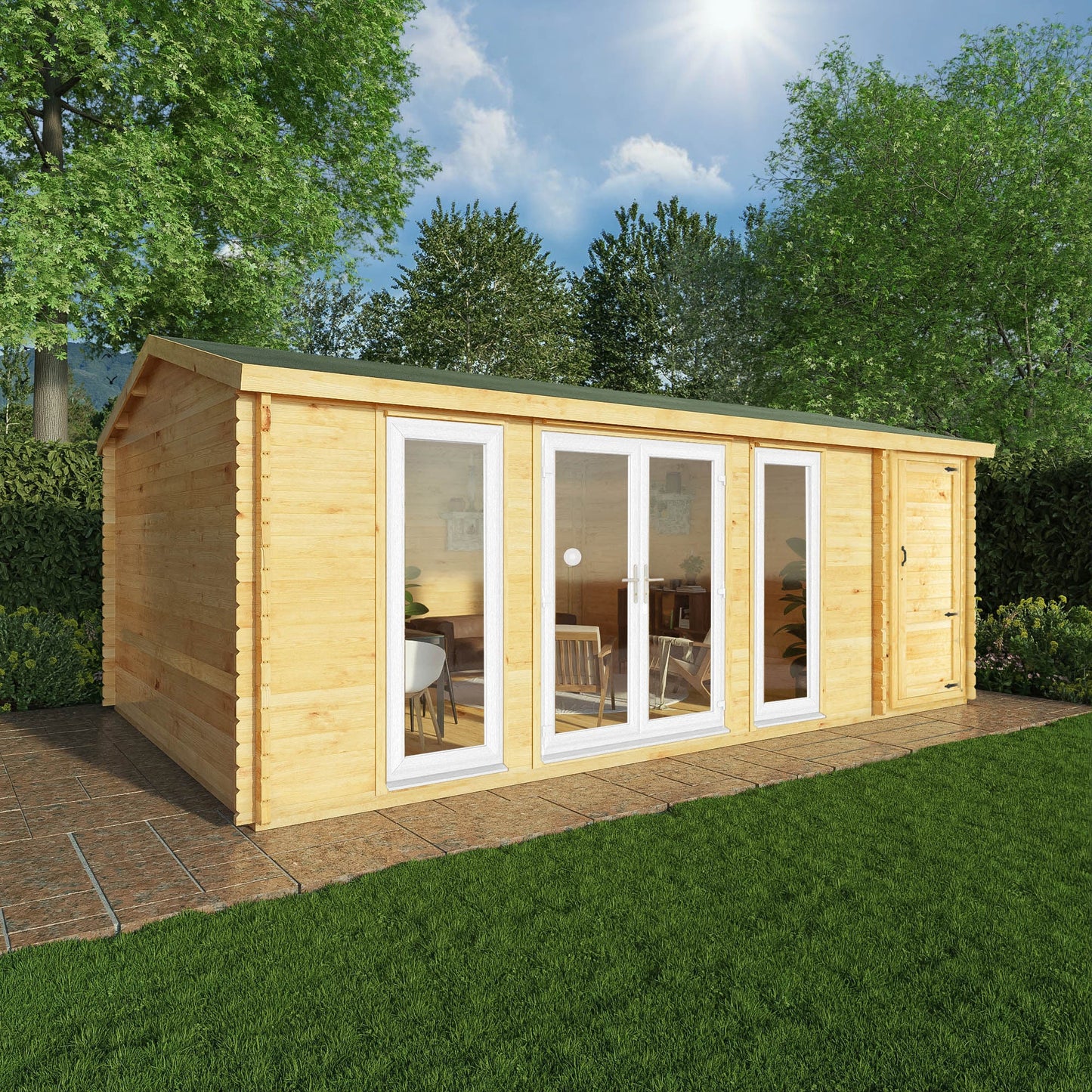 Mercia Studio 13' 7" x 20' 2" Apex Log Cabin - Premium 44mm Cladding Loglap - White UPVC