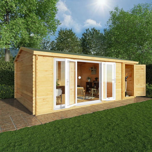 Mercia Studio 13' 7" x 20' 2" Apex Log Cabin - Premium 44mm Cladding Loglap - White UPVC