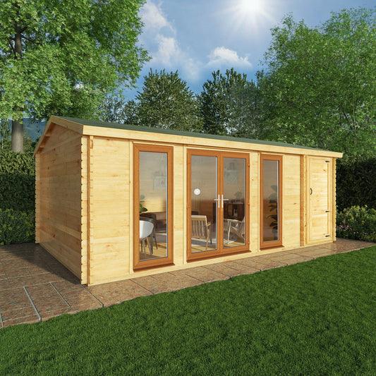 Mercia Studio 13' 7" x 20' 2" Apex Log Cabin - Premium 44mm Cladding Loglap - Brown UPVC