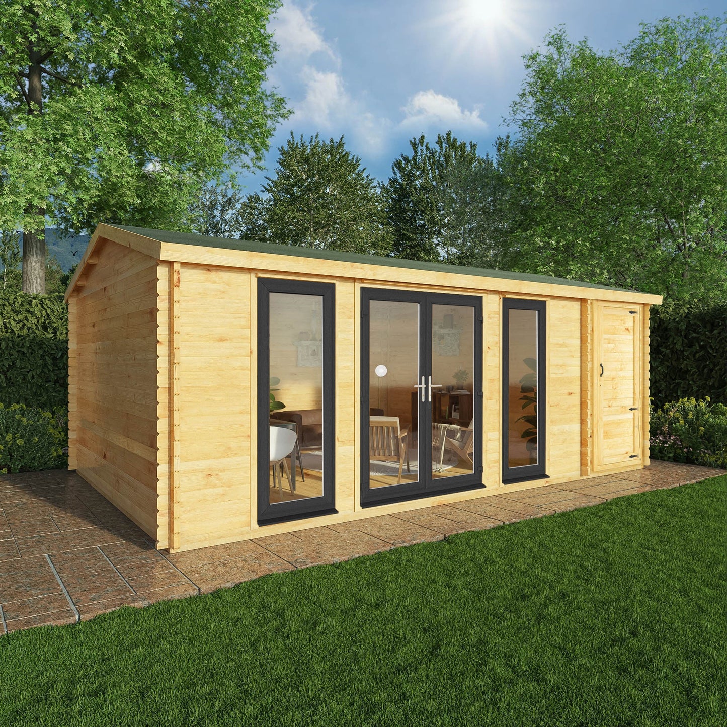 Mercia Studio 13' 7" x 20' 2" Apex Log Cabin - Premium 44mm Cladding Loglap - Grey UPVC