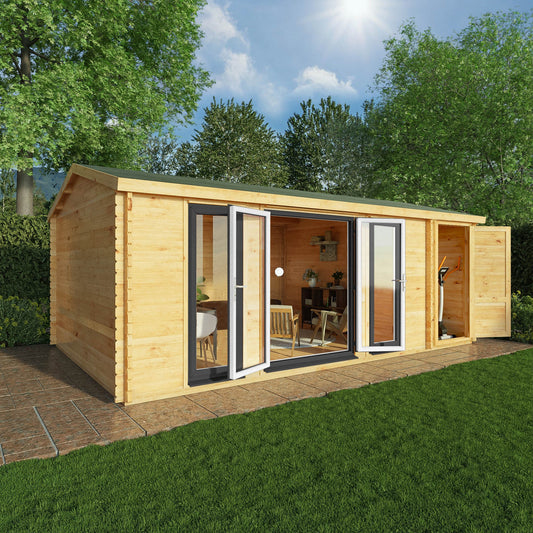 Mercia Studio 13' 7" x 20' 2" Apex Log Cabin - Premium 44mm Cladding Loglap - Grey UPVC