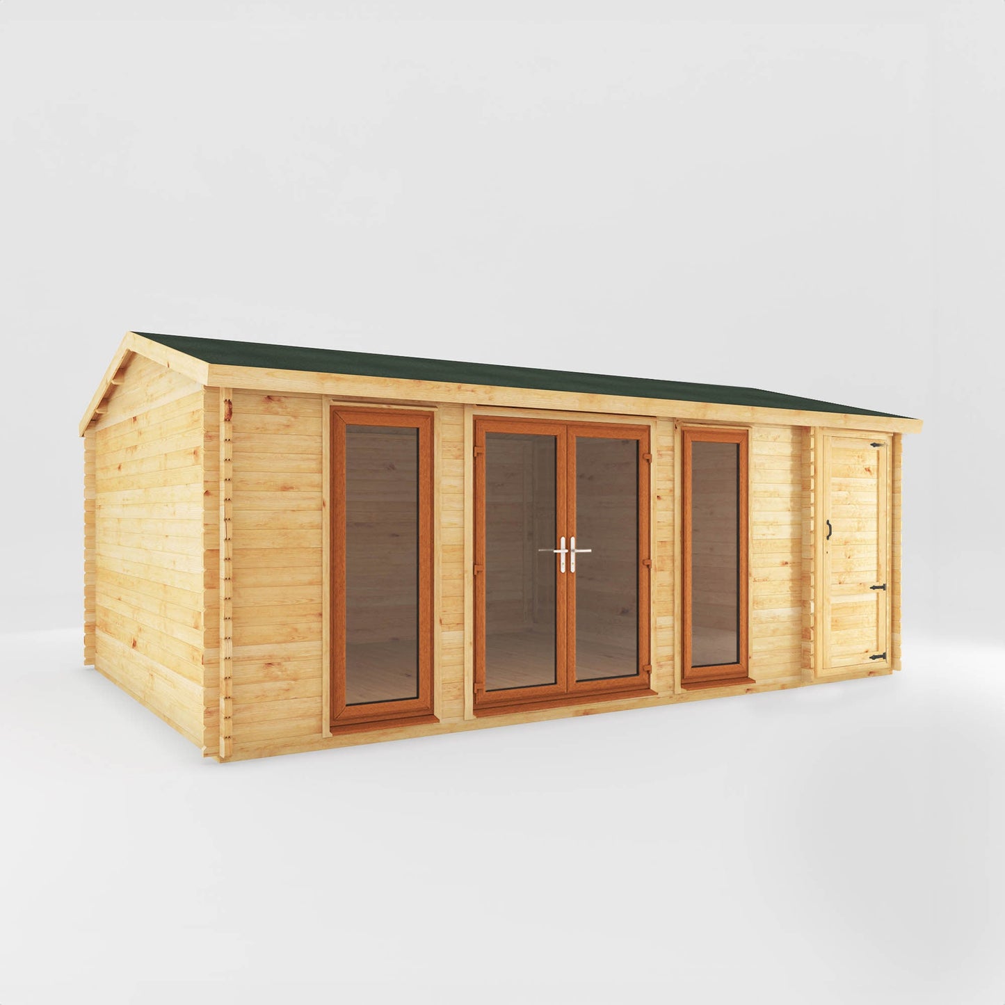Mercia Studio 13' 7" x 20' 2" Apex Log Cabin - Premium 44mm Cladding Loglap - Brown UPVC