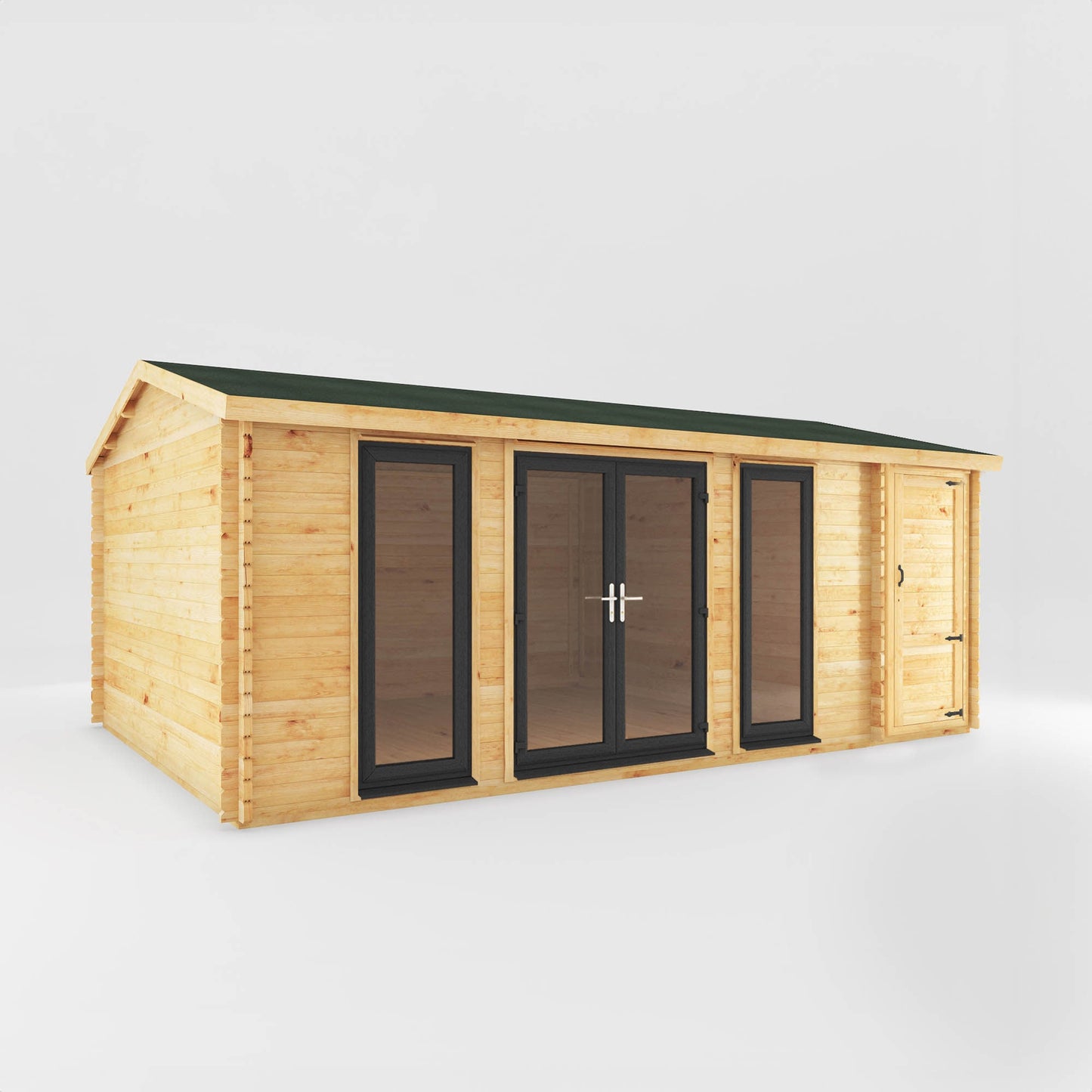 Mercia Studio 13' 7" x 20' 2" Apex Log Cabin - Premium 44mm Cladding Loglap - Grey UPVC