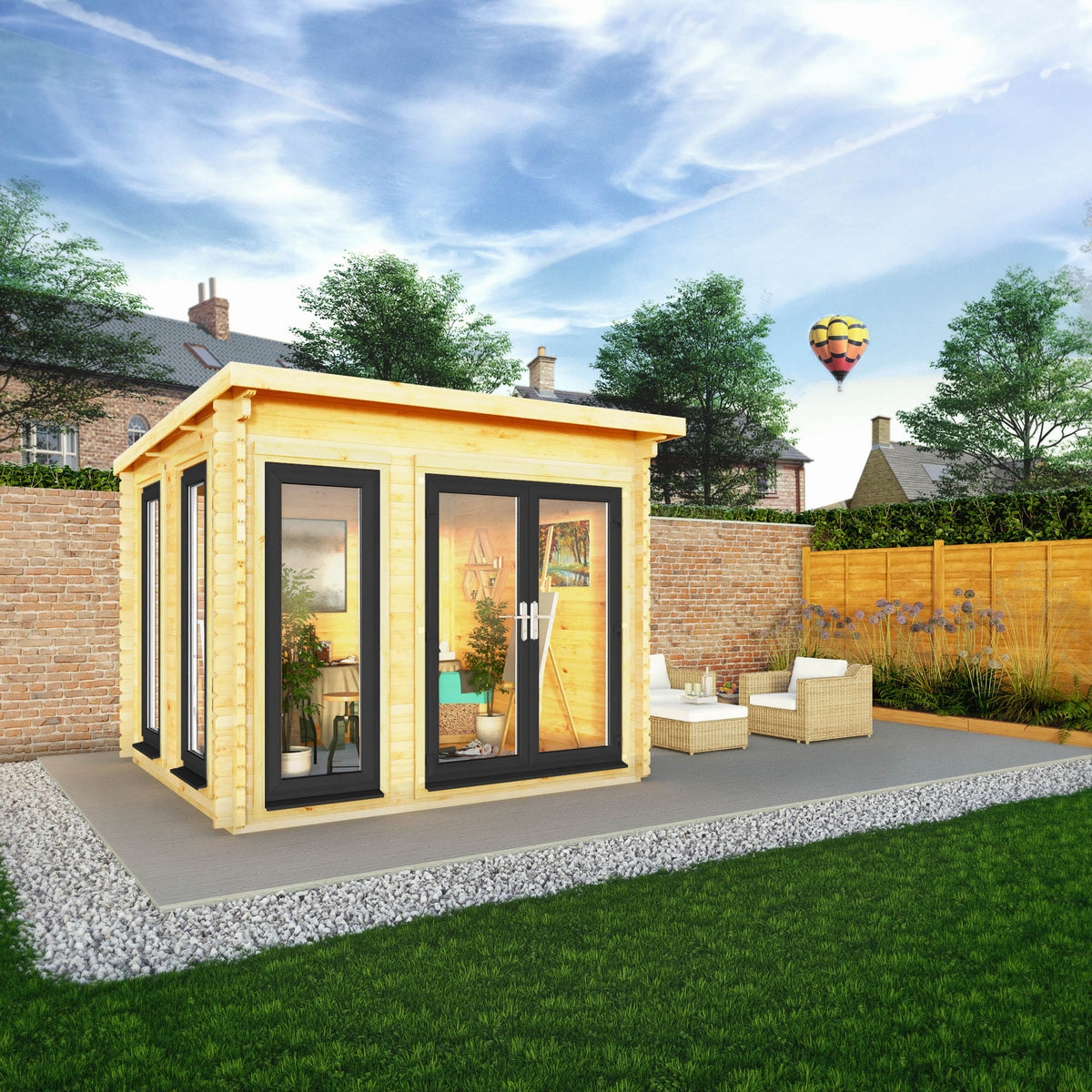 Mercia Studio 9' 11" x 9' 11" Pent Log Cabin - Premium 44mm Cladding Loglap - Grey UPVC