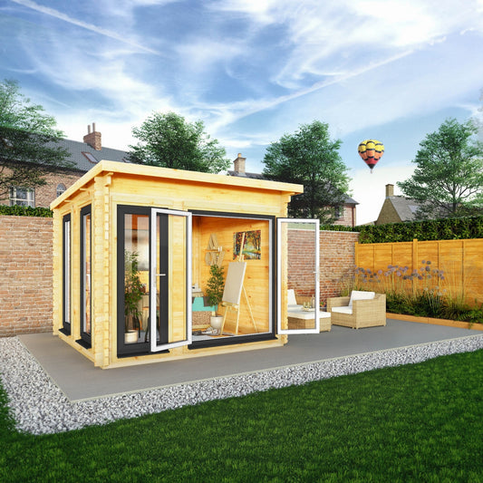 Mercia Studio 9' 11" x 9' 11" Pent Log Cabin - Premium 44mm Cladding Loglap - Grey UPVC